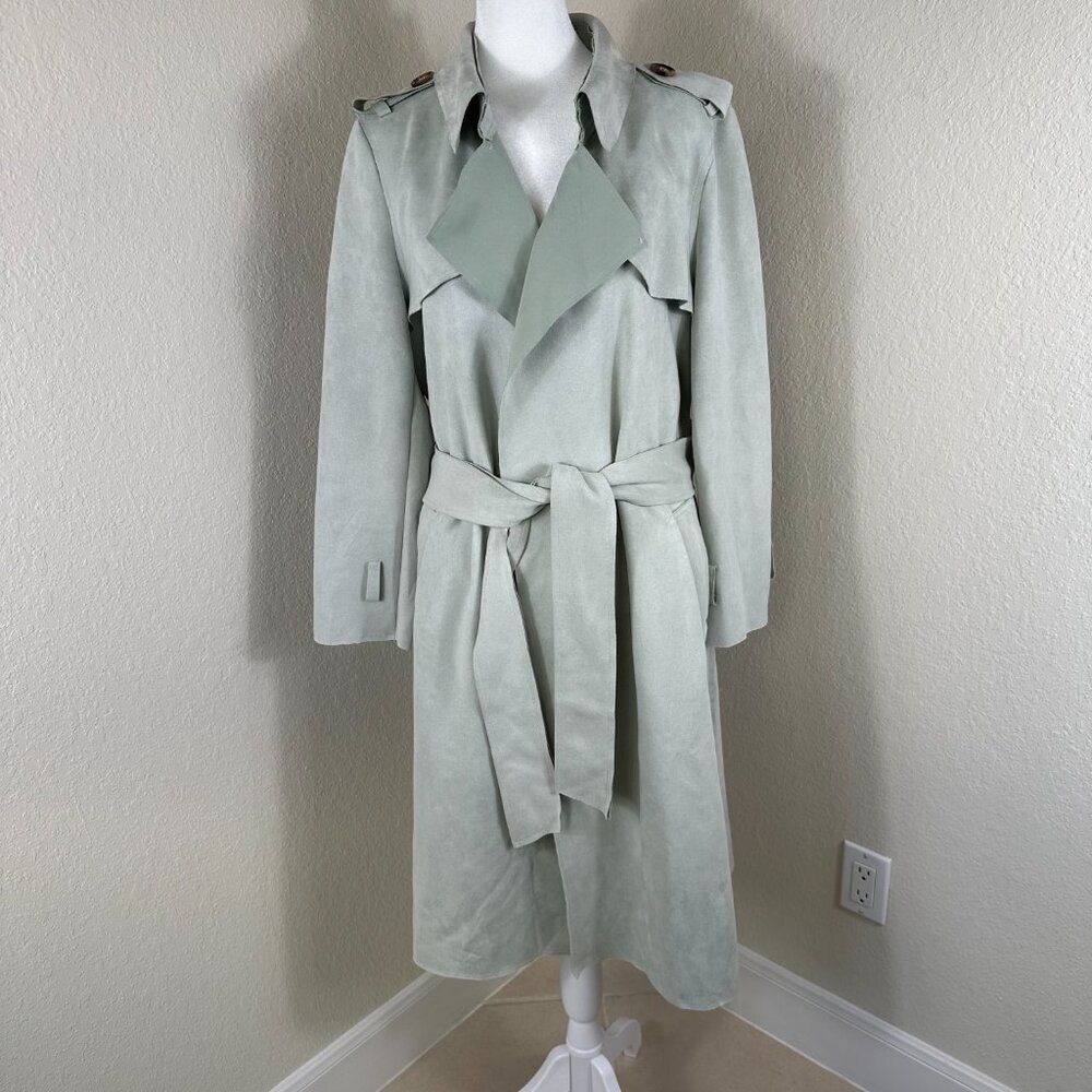 Few Moda New York Trench Coat Women's Large Green Faux Suede Y2K Academia Boho